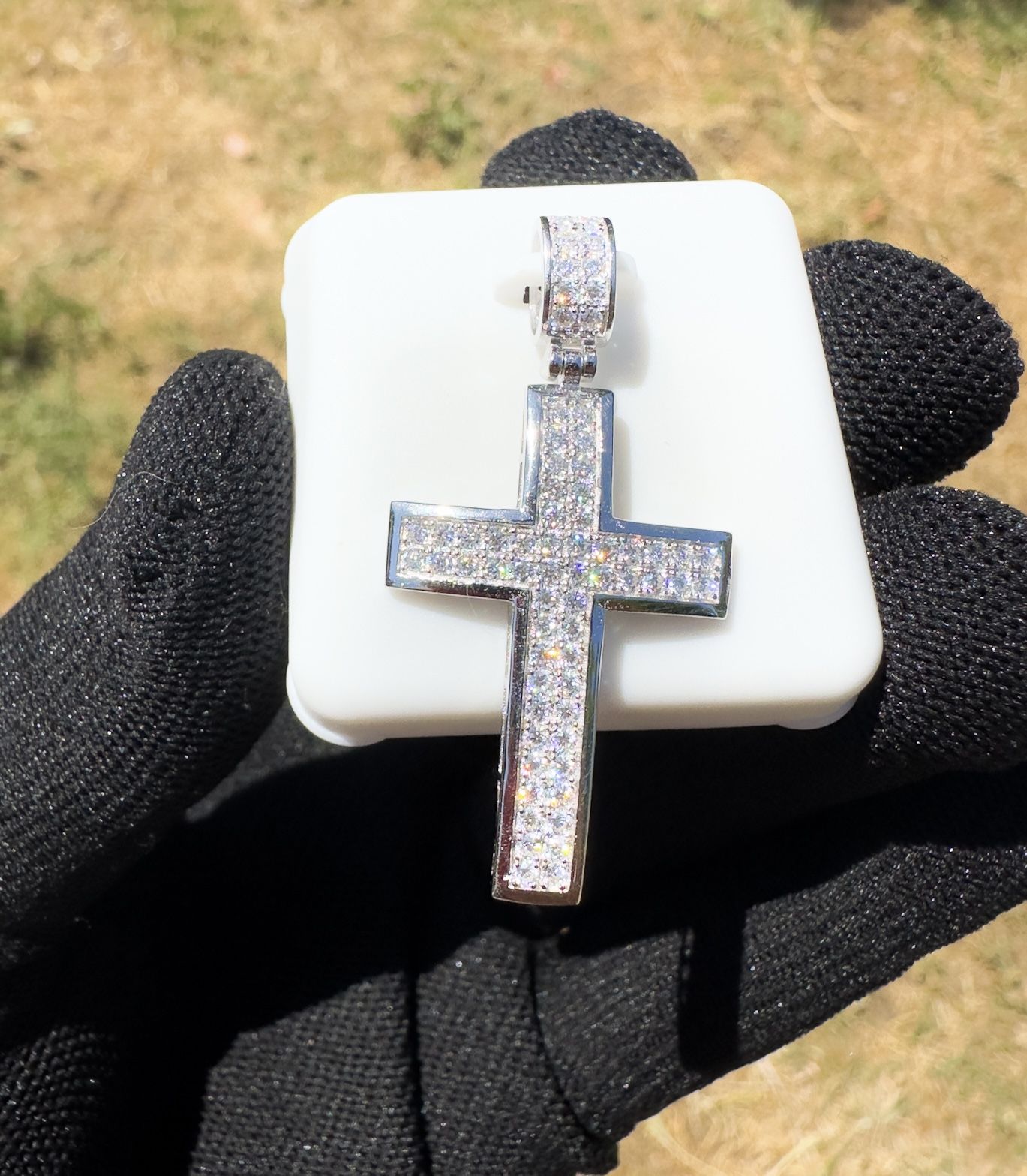 Sterling Silver Moissanite Cross Pendant w/ 18” Box Chain