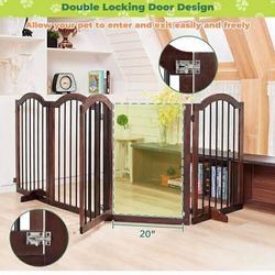 PrimeZone 96" Wide Dog Gate with Door - 30" Tall 4-Panel Solid Acacia Wooden Freestanding Puppy Gates, Foldable Indoor Pet Fence for Doorways, Stairs,