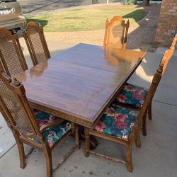 Vintage Thomasville Dining Room Pedestal Table Set Caning Solid Wood 9 Piece 2 Leaves