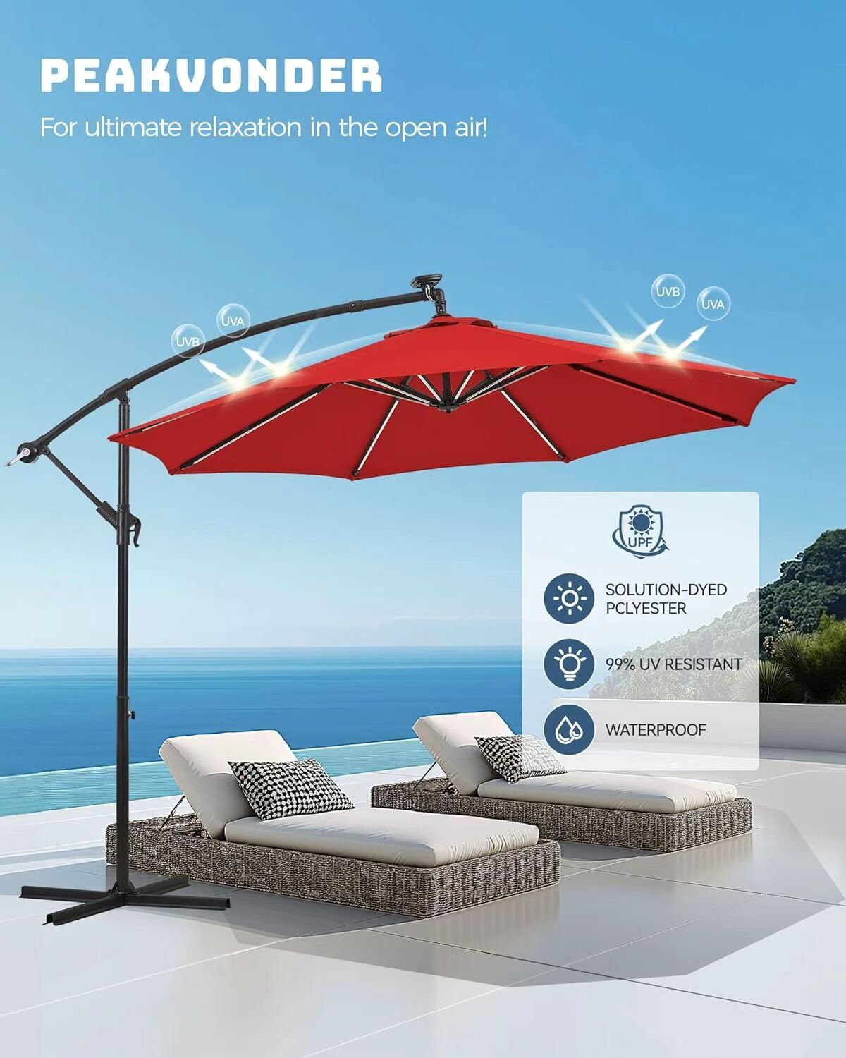 10ft Offset Patio Umbrella, Large Cantilever Umbrella Outdoor Patio with Solar Lights, Dual Charging