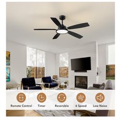 52 Inch Ceiling Fans with Lights, Black Ceiling Fan with Light and Remote Control,