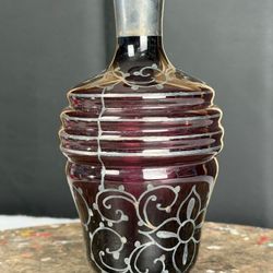 Vintage Ruby Red Glass Decorative Bottle Vase Silver Floral Design 8in