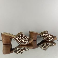 MICHAEL KORS Brown Creme Giraffe Printed Calf Hair Wooden Platform Heel Sandals Thumbnail