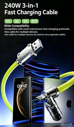 Brand new 240W 3-in-1 Fast Charging Cable | Multi Charger Cord for iPhone, Type C, Laptop