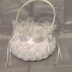 White Silky Roses Flower Girl Basket