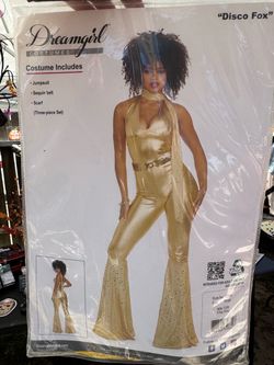 Dreamgirl gold Sequin Halter Jumpsuit with Scarf Costume