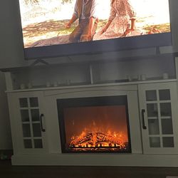 White Farmhouse Style tv Stand With Fireplace And Heat Setting 