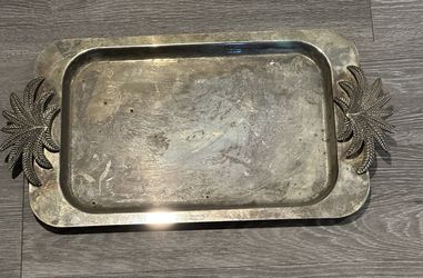 Vintage Silver Plated metal Platter Palm Leaf Handles 