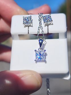 2.60 Carat Moissanite 18kt White Gold Plated Sterling Silver Earrings and Necklace Set.