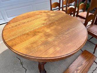 Antique oak table 6 chairs, 2 leaf inserts