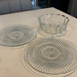 2  Glass Serving Plates And  Glass Serving Bowl