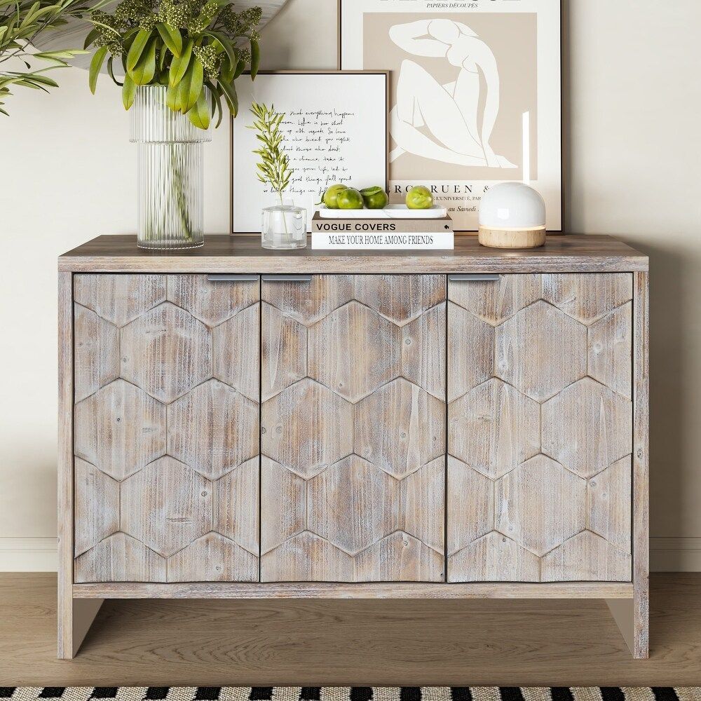 47" Natural Wood Patterned 3-Door Storage Cabinet Buffet / Sideboard w/ Interior Shelf [NEW] **Retails for $347