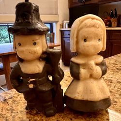 Vintage Gurley  thanksgiving Candles Pilgrim Couple Blue Dress 