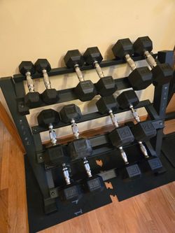 5lb thru 35lb Rubber Hex Dumbbell Set with Rack