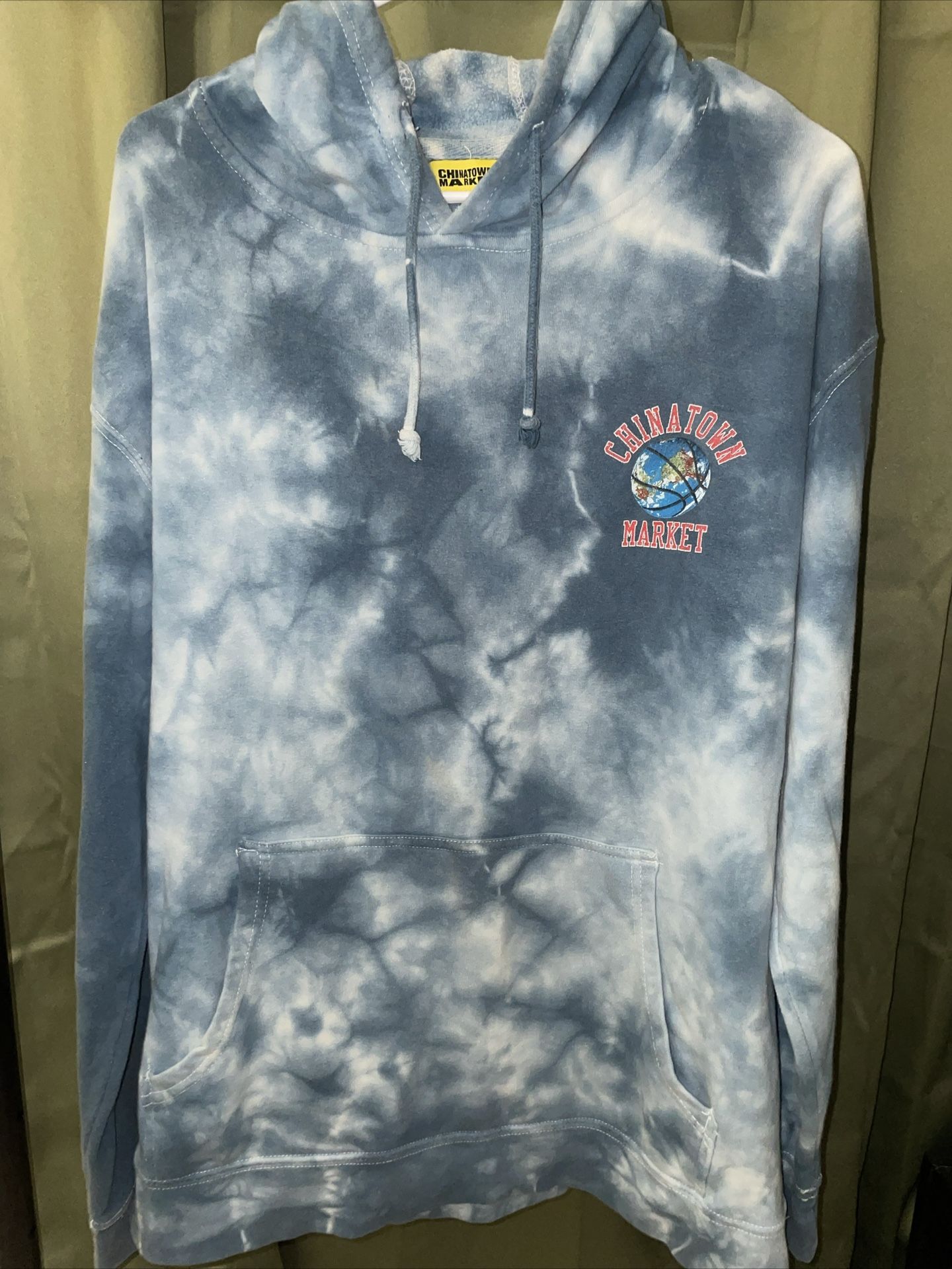 Pre Owned Chinatown Market Basketball Globe Tie Dye Hoodie Men's Sz L Blue White