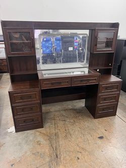 62'' Vanity Desk with Tempered Glass Top & Charging Station, Farmhouse Makeup Vanity with 8 Drawers & 2 Glass Cabinets & LED Mirror