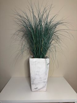Fake Faux Grass Plant in Marble-Looking Planter