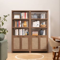 Set of 2，Bookshelf 5 Tier Book Shelf Rattan Boho 71" Tall Bookcase with Doors Storage Shelves Large Bookshelves Farmhouse Bookcases Library Book Case 