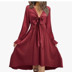 KILIG Women's Sexy Tie Front Long Sleeve Flowy Ruffle Satin A-Line Swing Size Small New 