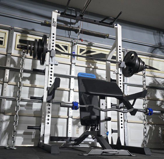 [FREE DELIVERY] + SQUAT RACK + ADJUSTABLE BENCH + OLYMPIC WEIGHT PLATES + OLYMPIC BARBELL + EZ CURL BAR 