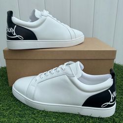 CHRISTIAN LOUBOUTIN FUN LOUIS JUNIOR WHITE LEATHER BLACK LOGO SNEAKERS SZ 46 NEW