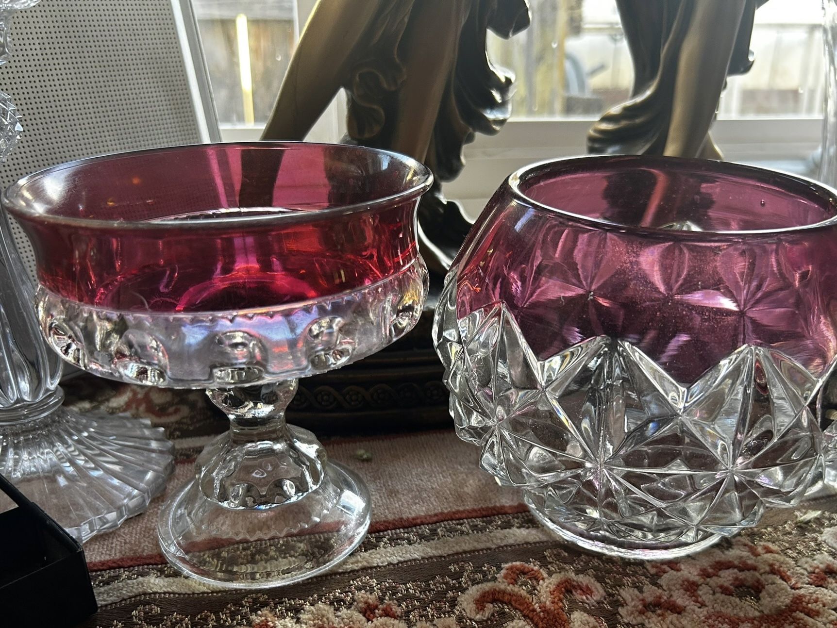 Two Vintage Glass Bowl Vase, Red Flashing