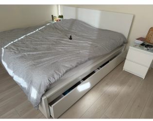 White Queen bed with storage and mattress