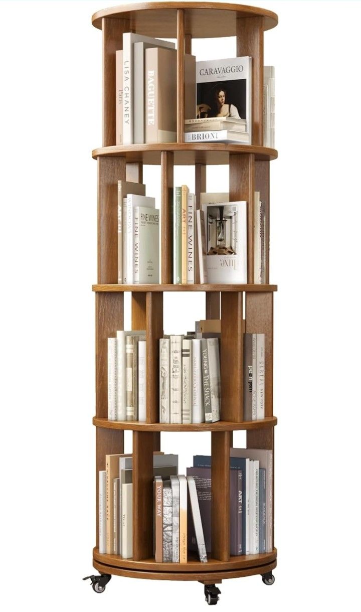 NEW 4 Tier Rotating Bookshelf Tower Spinning Bookshelf with Swivel Wheels Book Shelf Rotating Storage Tower for Kids Adult Narrow Walnut Solid Wood Re