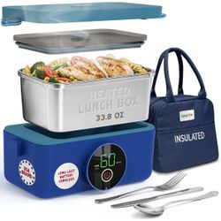 Portable Heated Lunch Box, 33.8oz Cordless Electric Heated Lunch Box with Scheduled Heating