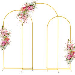 Wokceer Wedding Arch Backdrop Stand 7.2FT, 6.6FT, 6FT Set Of 3 Gold Metal Arch Backdrop Stand For Wedding Ceremony Baby Shower Birthday Party Garden F
