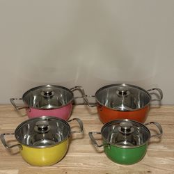 Kitchen Pots ~ Set of 4 ~ Nesting Colorful Metal with Glass Lids