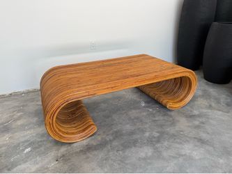 Vintage Waterfall Scroll Split Reed Pencil Reed Bamboo Coffee Table Boho Wicker Mcm Postmodern