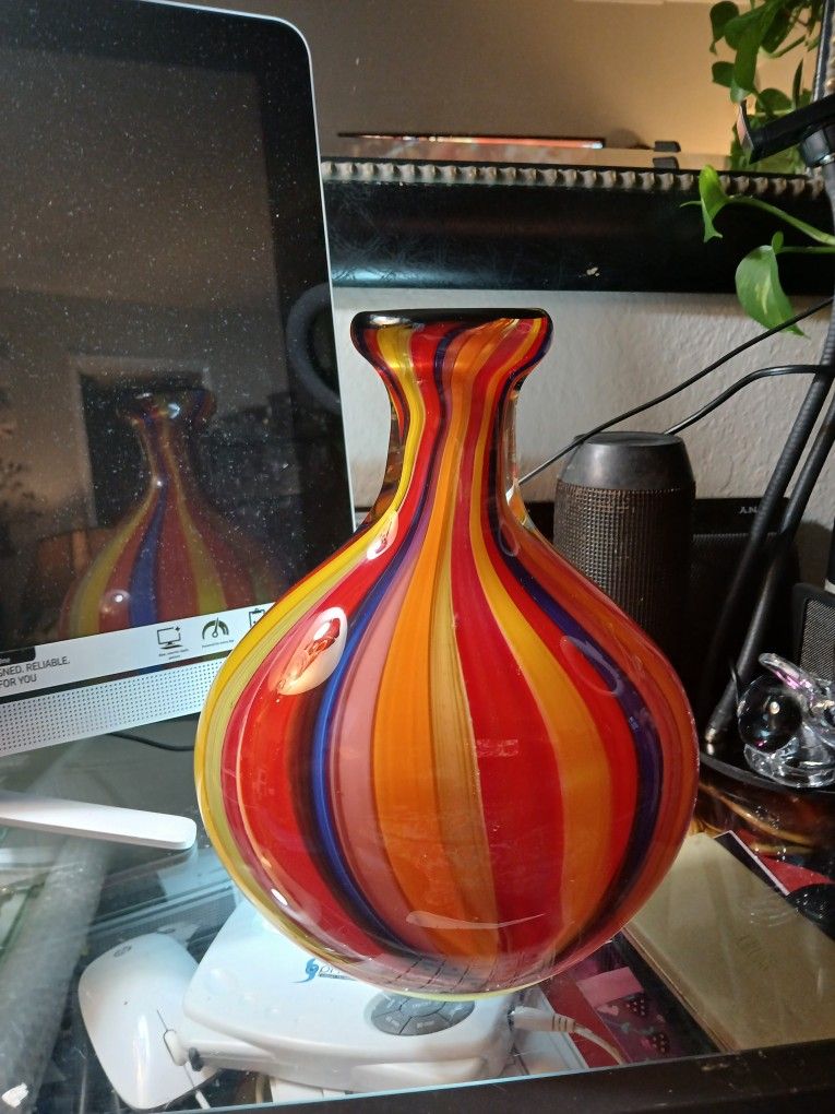 Beautiful Badash Handmade Studio Art Glass Multicolor Striped Vase with Bubbles 