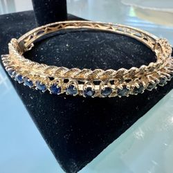 💙 14KT Yellow Gold Blue Sapphire Ladies Bangle Bracelet