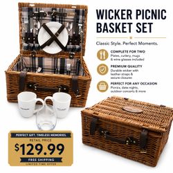 Wicker Picnic Basket With Leather Straps And Utensils