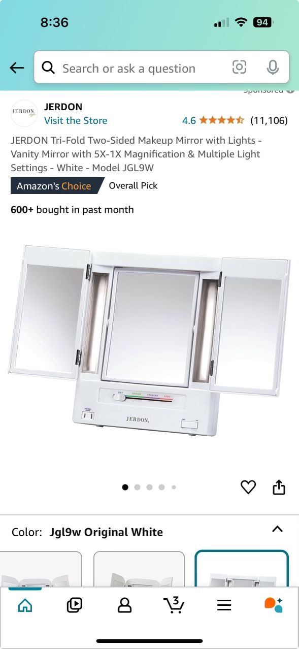 Jerdon Tri Fold Light - Vanity Mirror