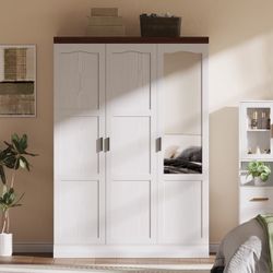 3 Door Wardrobe Closet with Mirror, White Free Standing Closet with Doors and Shelves for Bedroom