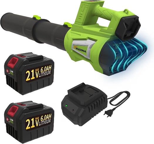 Leaf Blower Cordless Brushless with 6Ah Battery*2 and Charger, Strap, 21V Quiet 6-Speed Electric Leaf Blower with Display for Lawn Care, Leaves & Snow