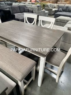 New! 6pcs White Rustic Dining Set, Dinette Set, Kitchen Table And Chairs, Table, Chairs, Bench, Casual Dining Set, Rectangular Dining Table, Dining Ro