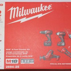 Milwaukee M18 18V Cordless Combo Kit (5-Tool) with (2) Batteries, and Charger