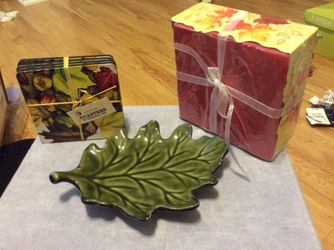 Lot of new fall items ceramic leaf , box of napkins , leaves drink coasters All NEW
