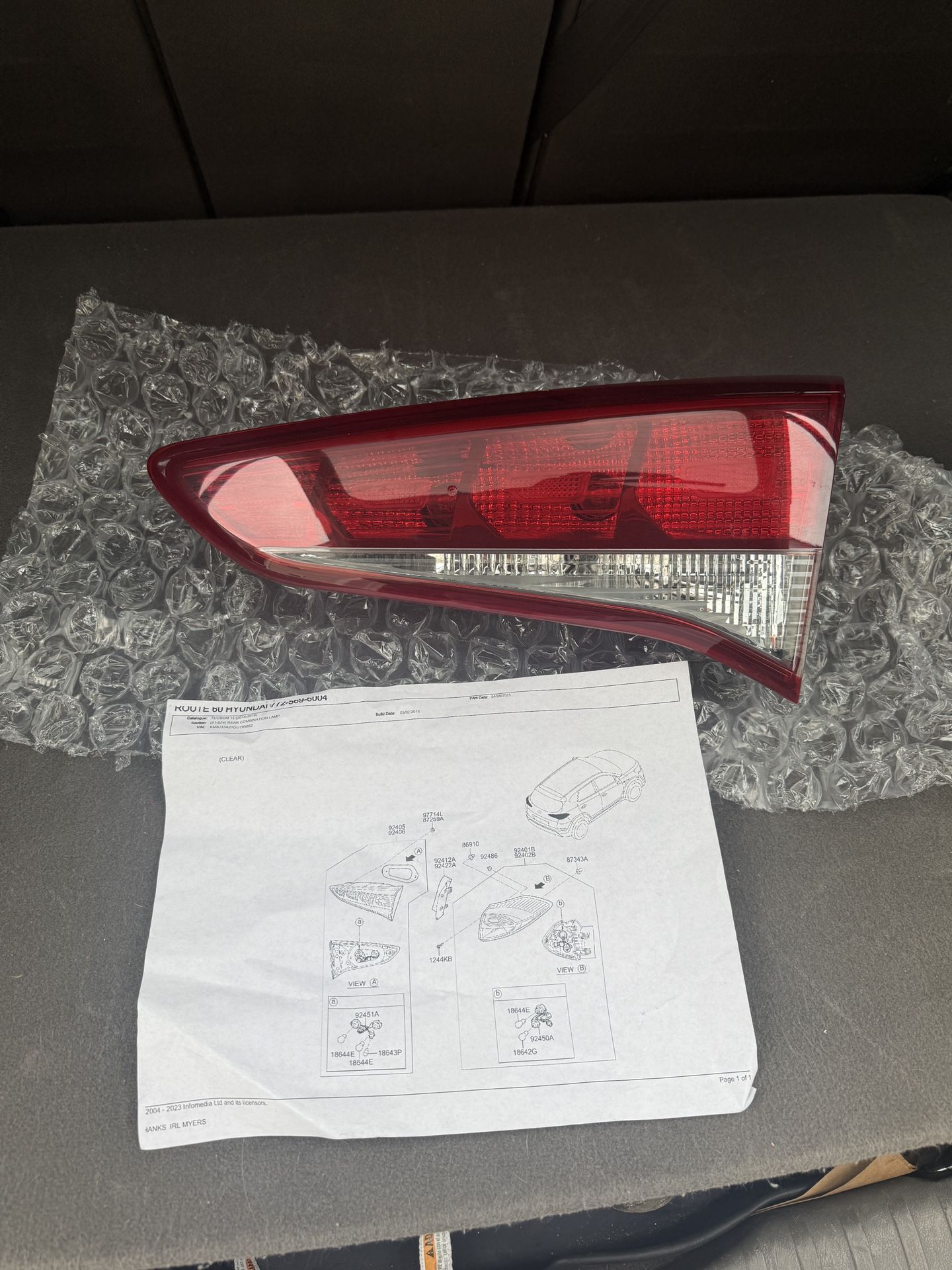 2015 2016 2017 2018 HYUNDAI TUCSON REAR RIGHT PASSENGER TAIL LIGHT INNER OEM