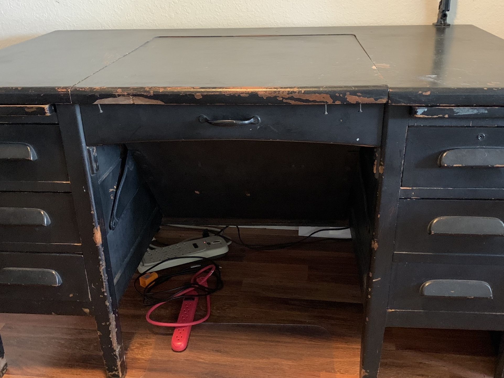 Antique office table, black solid wood pedestal desk