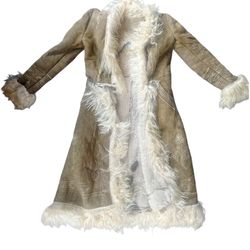 Vtg 1970s LAMB SCRAP Mongolian Fur Shearling Ivory/Brown Suede Remnant Shaggy   Selling vintage Penny lane jacket from The 1970s. A tear across upper 