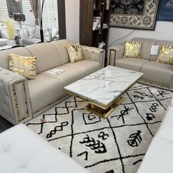 Cream Leather Fabric Sofa & Loveseat Set with Gold Trim – Now on Sale