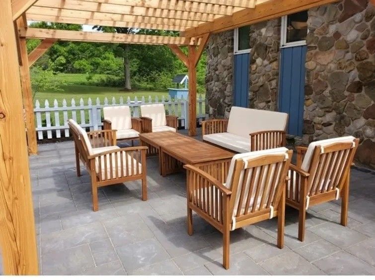 Outdoor Patio Wood Sofa With Chairs And Coffee Table 