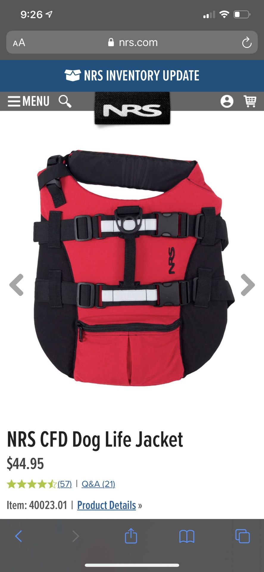 NRS CFD Dog Life Jacket