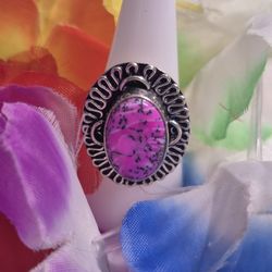 Elegant Dendrite Opal Pink Stone Silver Ring 7