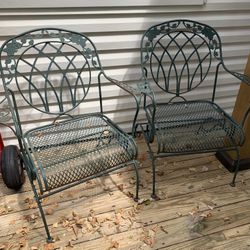 Two Vintage  Rose Basket Weave Green Iron Spring Rockers. 