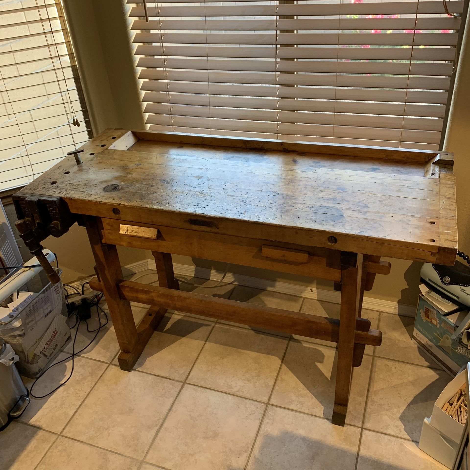Original C. 1890-1904 C. Christiansen Wood Working WorkBench, Solid Maple with Abernathy Vise No. 70D, Recessed Tool Tray & Large Drawer